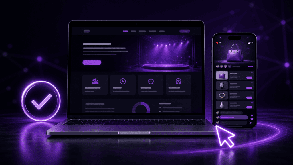Laptop and smartphone displaying a purple live-selling training platform with a verification symbol.