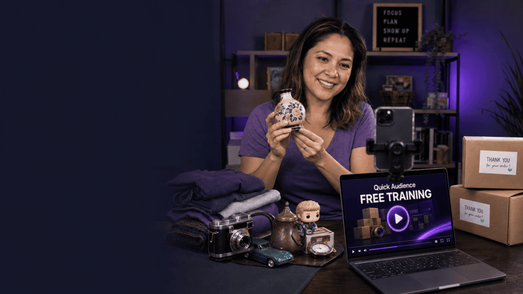 Quick Audience Profit System free training displayed on a laptop and smartphone with product sourcing, live selling, shipping, coaching, and community features.