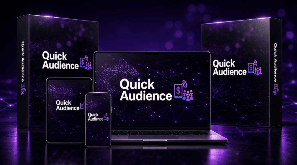 Quick Audience Profit System training displayed on a laptop, tablet, smartphone, and digital product boxes.